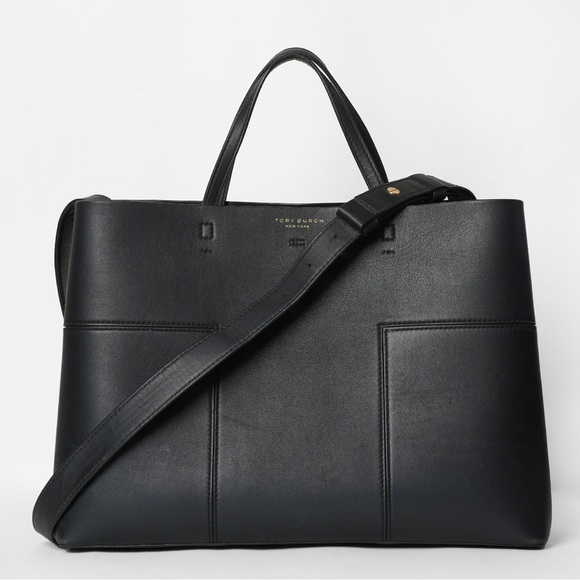 Tory Burch New York Womens Black Leather Structured Large Block T Tote - Picture 1 of 11